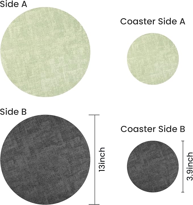 13-Inch Faux Leather Round Placemats Set of 12, Waterproof Anti-Slip Dual Sided Place mats, Heat Resistant Washable Table Mats with Coaster, Suitable for Indoor & Outdoor (12, Black Light Green)