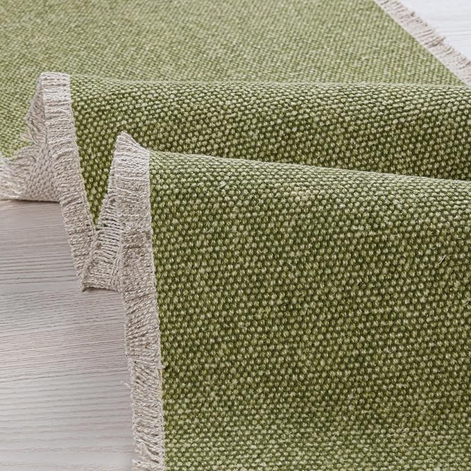 Hausattire Table Runner Cotton Frayed Boho 12x72 Inches | Fall Table Center Piece for Party Table Top Decoration Washable Farmhouse, Wedding, Easter Spring Collection Nubby Cotton - Green