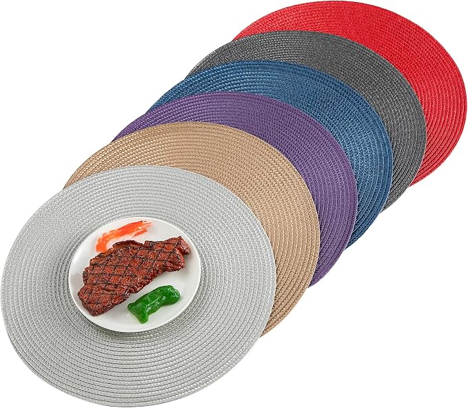 Round Placemats, Crossweave Heat Resistant Classic Woven Round Place Mats Diameter 13.5 inch for Kitchen Table Set of 6 (Light Gray)