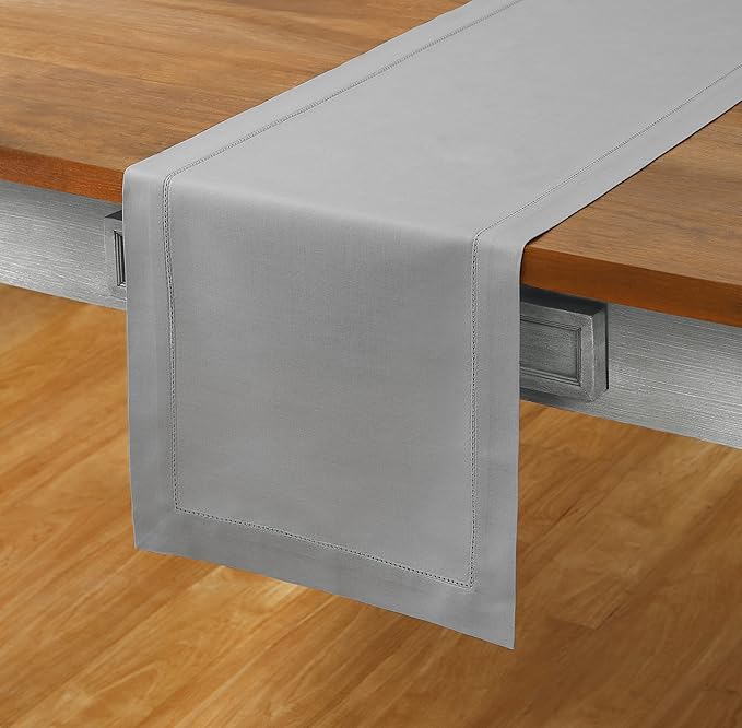 Solino Home Light Grey Table Runner 108 Inches Long - Cotton Linen Hemstitch 14 x 108 Inch Table Runner for Dining, Spring, Summer