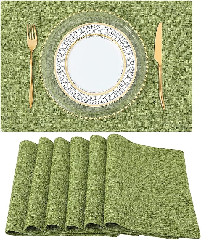 homing Faux Cotton Linen Placemats Set of 6, Cloth Washable Farmhouse Dining Table Mats for Indoors & Outdoors, Easy to Clean, Grass Green, 13 x 19 Inch