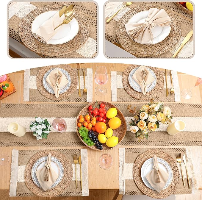 6 Sets Boho Decoration Placemats Round Woven Placemats, Cloth Napkins, Wood Bead Napkin Rings, Long Table Runner and Farmhouse Burlap Cotton for Table Kitchen (Neutral,12x72)
