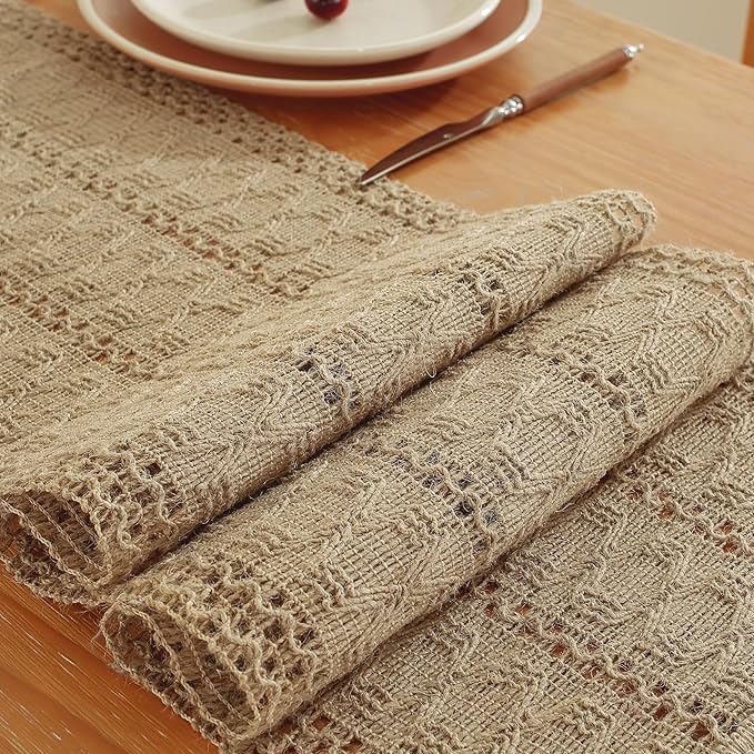 Niviy Burlap Boho Table Runner for Home Decor with Tassels 108 Inches Long, Modern Farmhouse Decor Rustic Macrame Woven Coffee Table Runners for Spring Dining Table Decoration, Burlap Brown