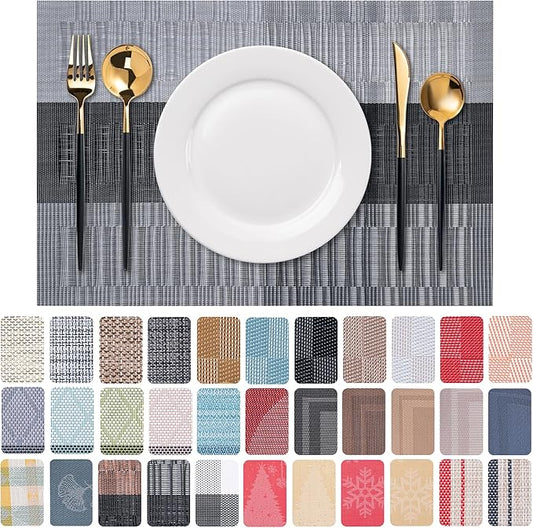 Placemats Set of 6 Washable Indoor/Outdoor Vinyl Place Mats for Dining Table Durable Non-Slip Heat Resistant PVC Weave Table Mats(Gray Black)