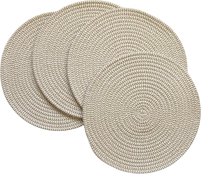 WAZAIGUR Round Placemats Washable Thick Cotton Absorbent 13 inch Round Table Mats for Kitchen Dining Table Set of 4 Round Woven Fabric Indoor/Outdoor Place Mats (Khaki and White, 4)