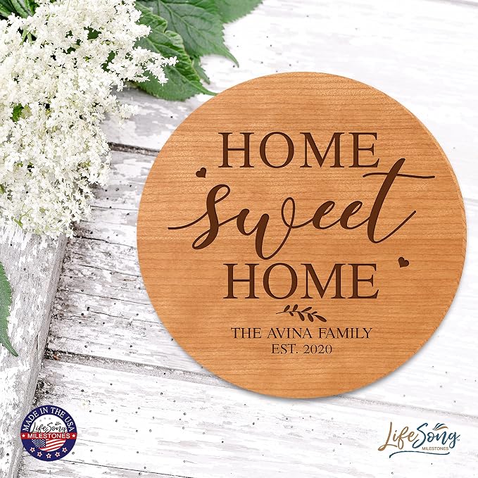 LifeSong Milestones Personalized Cherry Wood Lazy Susan Kitchen Turntable Everyday Design Ideas 12” Engraved Decorative Serving Centerpiece Family (Home Sweet Home)