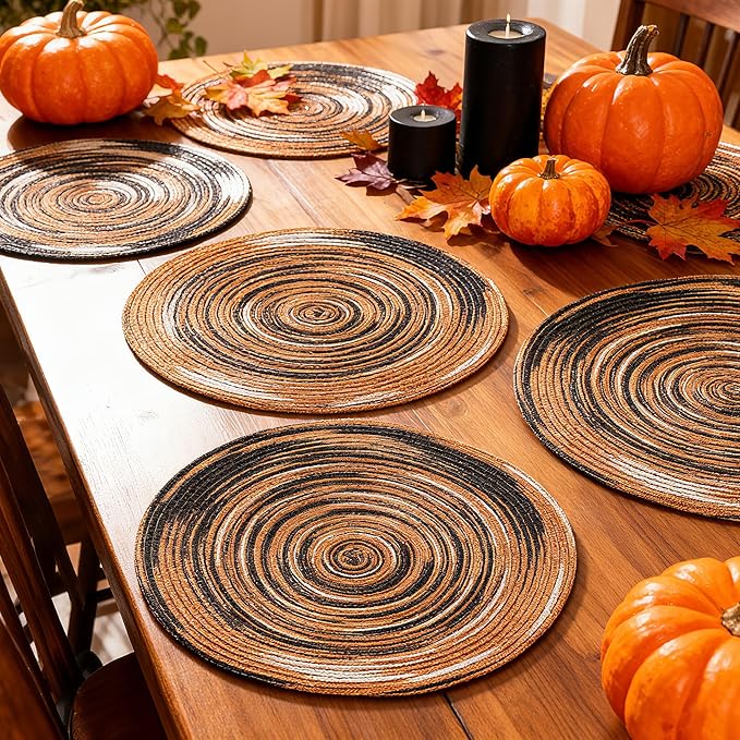 Youyi 15 Inch Round Braided Placemats Set of 6, Washable Heat Resistant Non-Slip Boho Farmhouse Table Mats for Kitchen Decor, Caramel