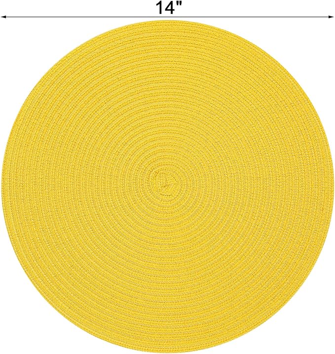 Topotdor 14 Inch Round Placemats Stain Resistant Anti-Skid Washable Polyproplene Table Mats Placemats (Yellow, Set of 6)