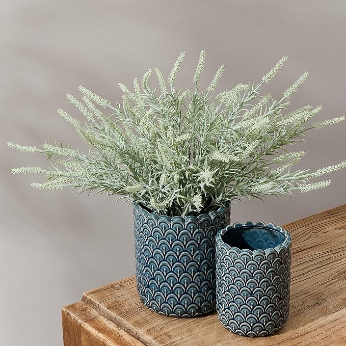 JIEMEI HOME Kitchen Utensil Holder, Large 7.5"+6.2" Petal Ceramic Utensil Crock for Countertop, Utensil Holder with Cork Mat, Morden Utensil Organizer for Spatula, Kitchen Decor, Set of 2- Blue