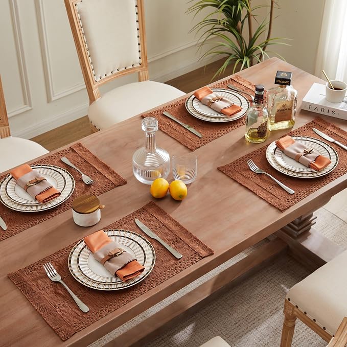 ZeeMart Macrame Style Boho Placemats Set of 6, Terracotta 12x20 Inch | Decorative Farmhouse Table Mats, Natural Cotton Woven Place Mats, Bohemian Home Decor for Kitchen Dining Table