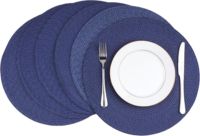 Round Braided Placemats Set of 6 Washable Easy to Clean Place Mats for Dining Tables Woven Non-Slip Heat Resistant Table Mats 15 Inch (Dark Blue)