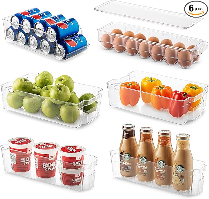 Set Of 6 Refrigerator Organizer Bins - Stackable Fridge Organizers for Freezer, Kitchen, Countertops, Cabinets - Clear Plastic Pantry Storage Racks
