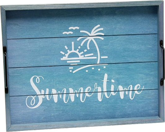 Elegant Designs HG2000-BST Summer Sun Palm Tree Beach Decorative Wood Serving Tray w/Handles, 15.50'' x 12'', Summertime, Blue