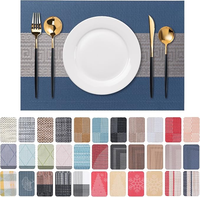 CADONO Placemats Set of 6 Washable Indoor/Outdoor Vinyl Place Mats for Dining Table Durable Non-Slip Heat Resistant PVC Weave Table Mats（Classical Style-Blue）