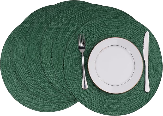 Round Braided Placemats Set of 6 Washable Easy to Clean Place Mats for Dining Tables Woven Non-Slip Heat Resistant Table Mats 15 Inch (Dark Green)