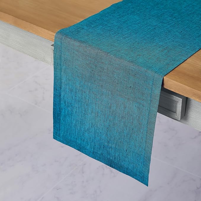 Solino Home Linen Table Runner 36 Inches - 100% Pure Linen Chambray Teal Table Runner 14 x 36 Inch Ideal for Dresser and Coffee Tables - Athena - Spring, Summer