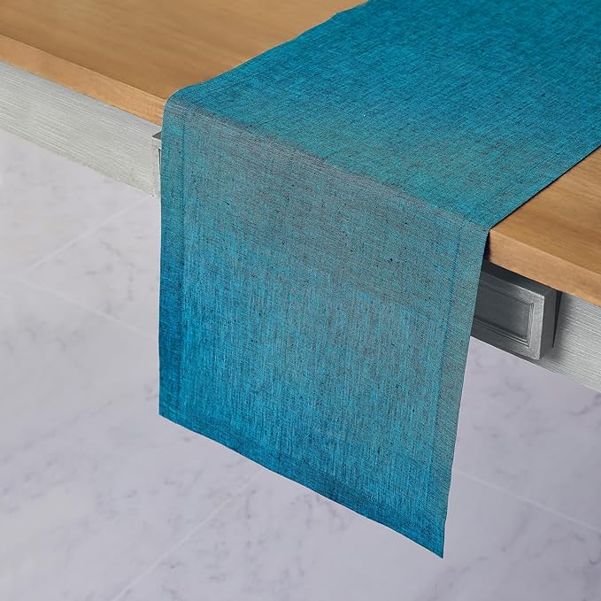 Solino Home Linen Table Runner 144 Inches Long - Athena, 100% Pure Linen Chambray Teal 14 x 144 Inch Table Runner for Dining, Spring, Summer