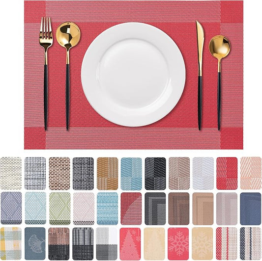 CADONO Placemats Set of 6 Washable Indoor/Outdoor Vinyl Place Mats for Dining Table Durable Non-Slip Heat Resistant PVC Weave Table Mats（Four-Corner-Red）