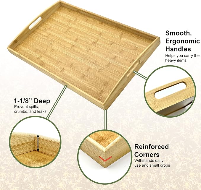 Bam & Boo Natural Bamboo Serving Tray Extra Large Rectangular with Handles for Food, Drinks, Storage, Decor, Vanity, Breakfast, Parties, Weddings, Picnics(20” x 13” x 2.35”, Natural)