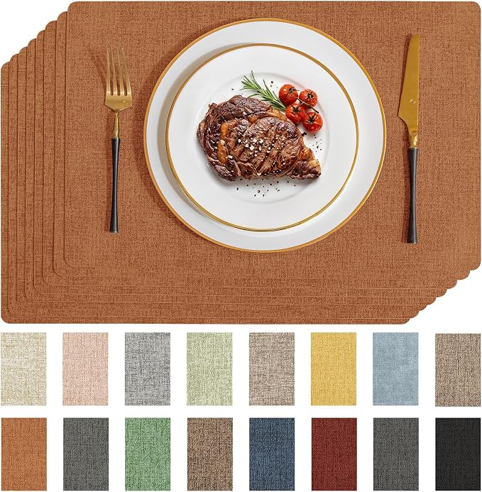 Romanstile Vinyl Placemats Set of 8-12 X 17 Inch - Faux Leather 100% Waterproof Wipeable Anti Slip Place Mats, Heat Resistant Reversible PU Table Mats for Kitchen Dining Party Outdoor, Orange