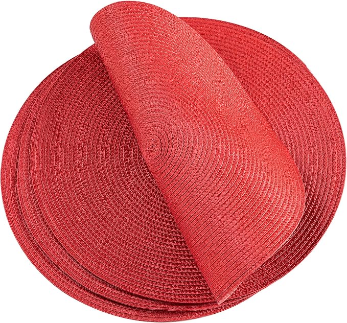 Round Placemats, Crossweave Heat Resistant Classic Woven Round Place Mats Diameter 13.5 inch for Kitchen Table Set of 6 (Red)