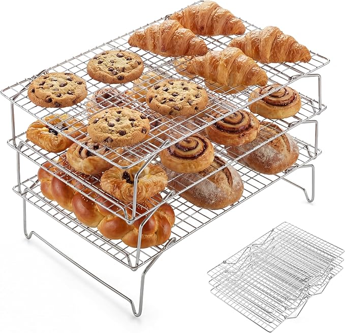 E-far 3-Tier Collapsible Cooling Rack for Cooking and Baking - 15”x10” Stackable Tight-Wire Stainless Steel Cookie Rack for Baking Sheet, Oven, Roasting, Dishwasher Safe & Space Saving
