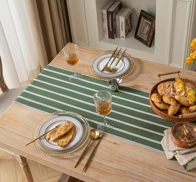 Caflife Boho Table Runner 72 Inchs Long Green, Cotton and Linen Woven with Tassels, for Modern Rustic Farmhouse Neutral Table Runners, Bohemian Kitchen Dining Table Home Decor