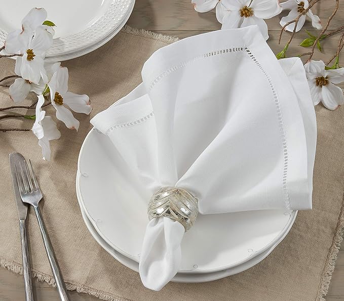 SARO LIFESTYLE Hemstitched Border Dinner Napkin (Set of 12), Ivory, 18" x18