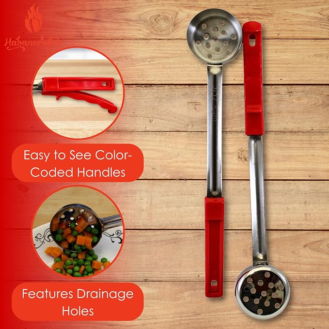 2 oz Slotted Stainless Steel Portion Control Ladle Spoon | Commercial-Grade Spoodle for Portioning & Draining - Pasta, Veggies & Buffet Service. Color-Coded by Size. Dishwasher Safe.