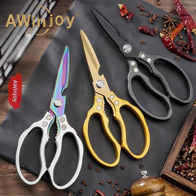 AWinjoy Japanese Gold Kitchen Scissors, Heavy Duty Stainless Steel, Multipurpose Cooking Shears, Dishwasher Safe