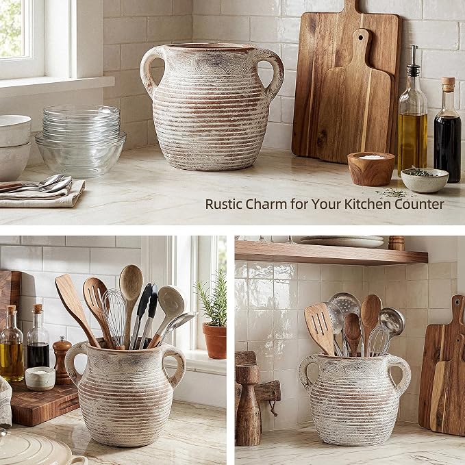 Rustic Utensil Holder for Kitchen Counter - Large Ceramic Farmhouse Cooking Utensil Crock & Organizer for Spatula, Spoon - Vintage Kitchen Decor (Taupe)