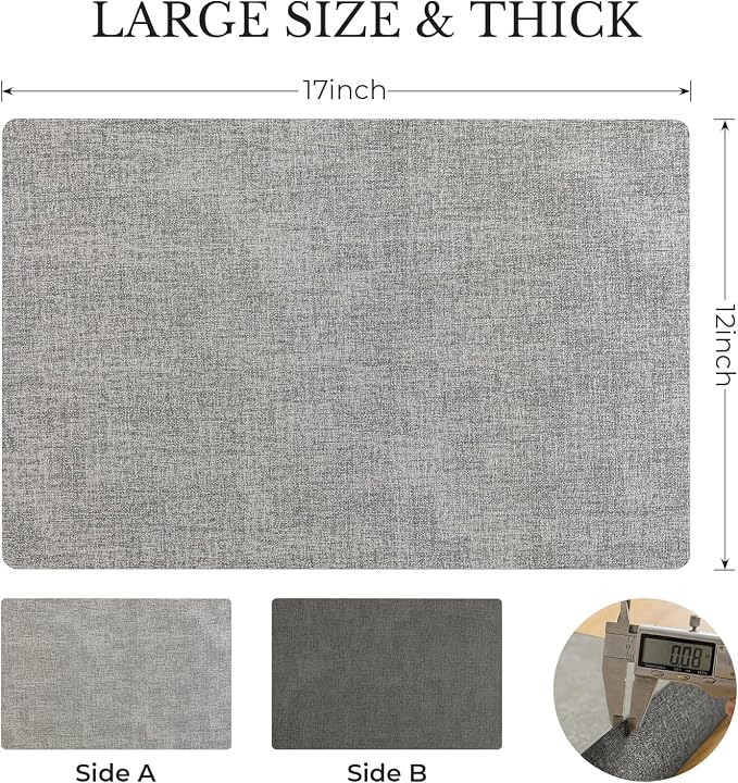 Romanstile Vinyl Placemats Set of 6, Reversible Faux Leather Heat Resistant Wipeable Table Mats, Waterproof Washable Non-Slip Table Placemats for Dining/Kitchen/Outdoor (Grey Light Grey, 12" x 17")