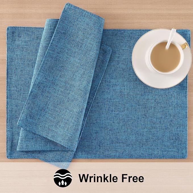 homing Faux Cotton Linen Placemats Set of 6, Cloth Washable Farmhouse Dining Table Mats for Indoors & Outdoors, Easy to Clean, Blue, 13 x 19 Inch