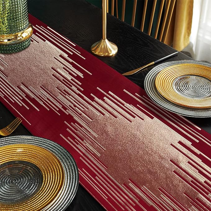 Luxury Christmas Red Table Runner 72 Inches Long Abstract Geometry Embroidery Pattern with Handmade Tassels Thick Fabric for Home Living Room Bedroom Dinner Room Art Decor Christmas