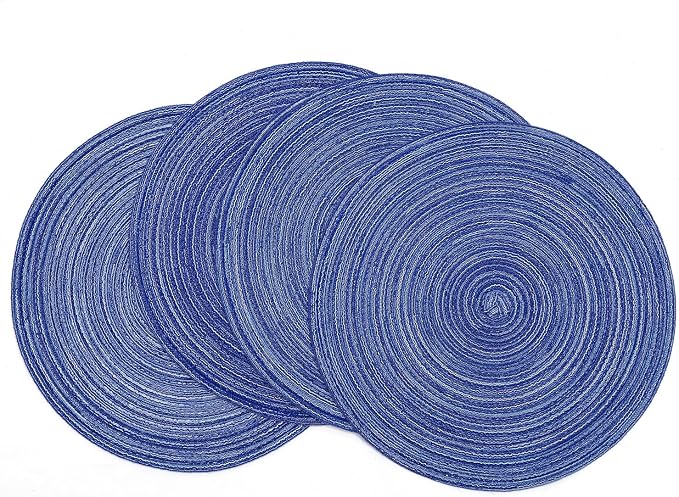 SHACOS Round Braided Placemats 15 inch Set of 4 Washable Cotton Polyester Braided Kitchen Table Placemats for Home Wedding Party (Blue White, 4)