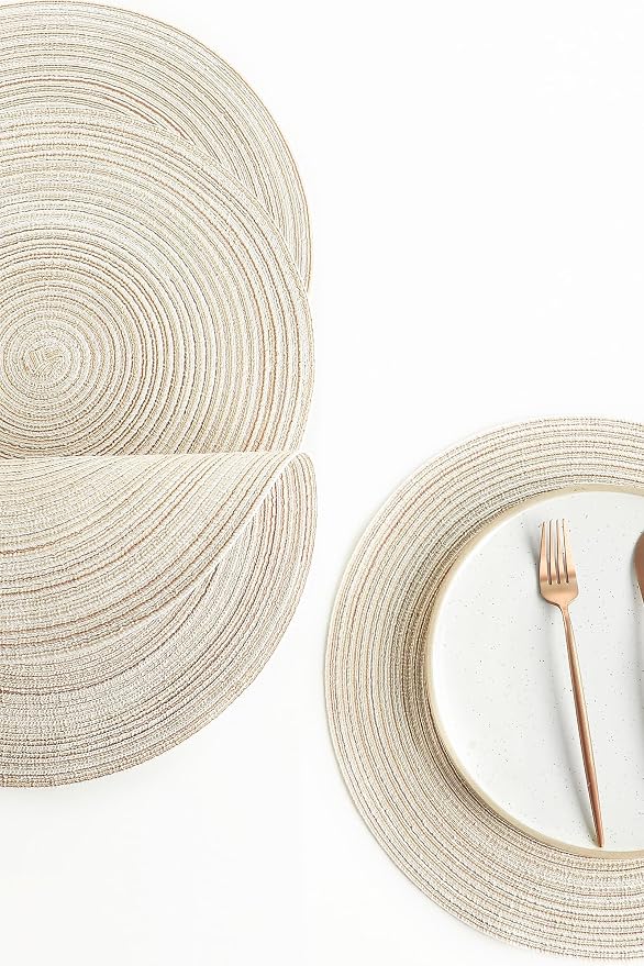Floroom 15 Inch Round Braided Placemats Set of 4, Washable Heat Resistant Cotton Polyester Circle Place Mats for Kitchen Dining Table - Ivory
