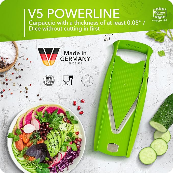 Börner Mandoline Slicer V5 (Professional Set) • Adjustable Vegetable Slicer (7-piece) • 10 Cutting Styles • Kitchen Slicer incl. Docking Station • Stainless Steel V-Blade • Color: Green