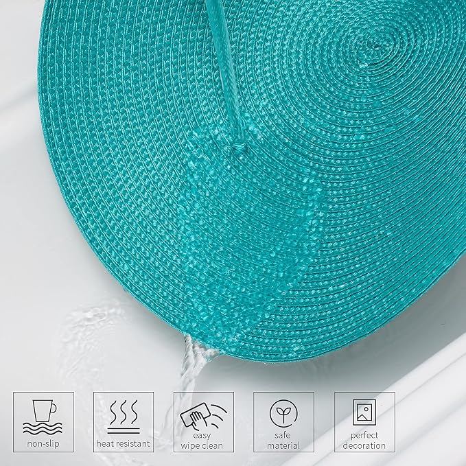 AHHFSMEI Round Placemats Set of 6 Heat Resistant Washable Non-Slip Woven Braided Table Mats for Dining Table Kitchen & Home Decor (Turquoise)