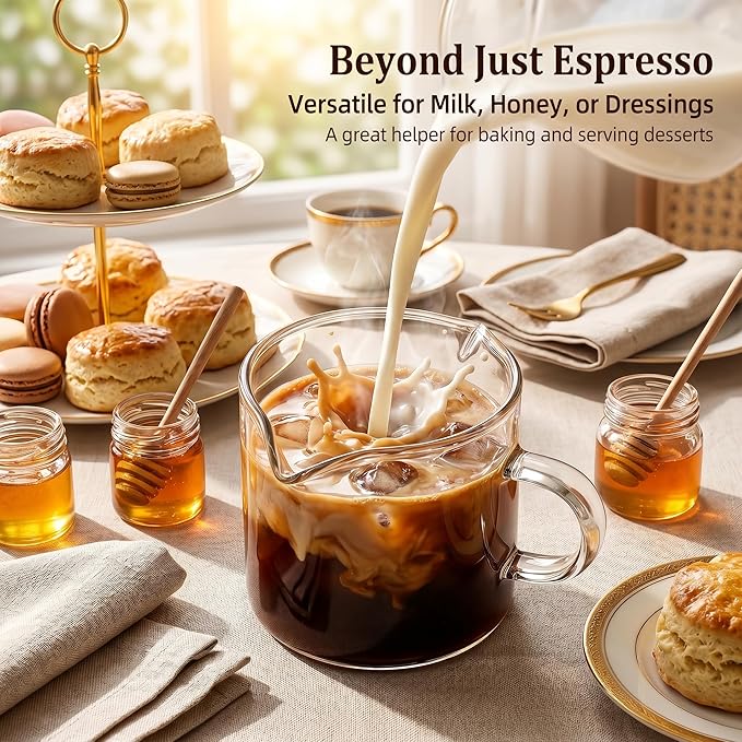 5 OZ Espresso Cups Set of 2, Double Spouts Cups, Shot Glasses, Milk Cup with Handle, Clear Glass, Espresso Accessories for Making Coffee Desserts Salad Dressing Machine (1 ounce more than others )