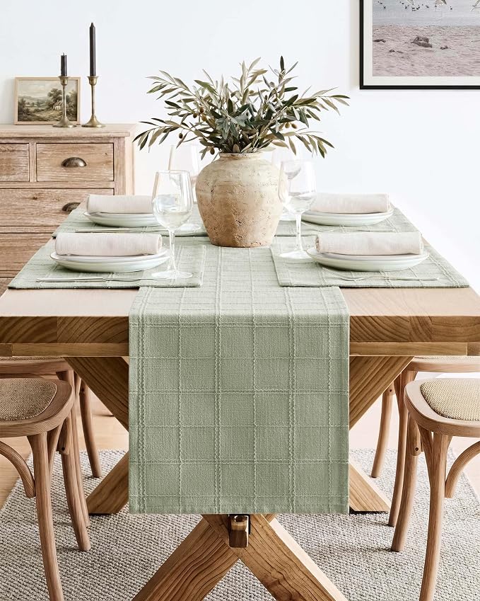 ZeeMart Linen Checked Farmhouse Table Runner, 13x60 Inches Seeding Green | Raised Grid Design, Rich Woven Texture, Linen Blend Table Runners 60 Inches Long, Machine Washable, Boho Home Kitchen Decor