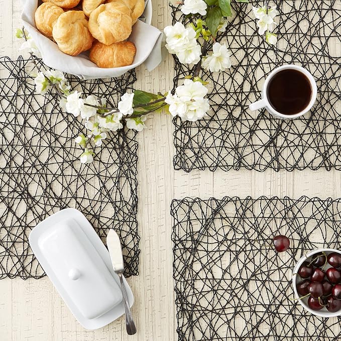 DII Woven Paper Tabletop Collection, Holiday & Event Décor, Square Placemat Set, 16x16, Black