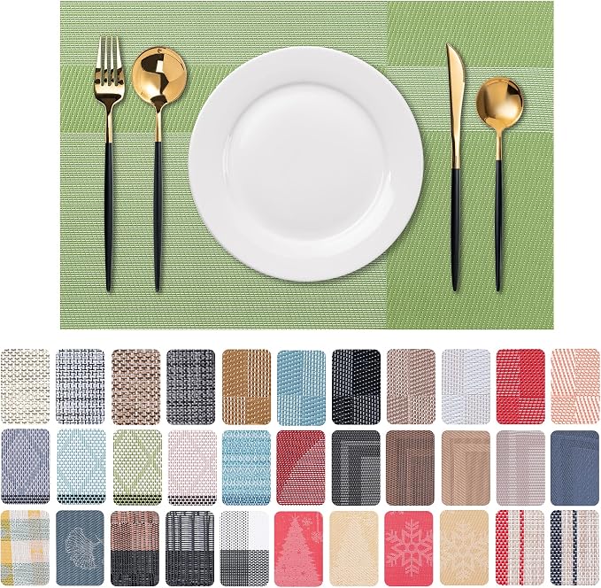 CADONO Placemats Set of 6 Washable Indoor/Outdoor Vinyl Place Mats for Dining Table Durable Non-Slip Heat Resistant PVC Weave Table Mats（Green Cube）