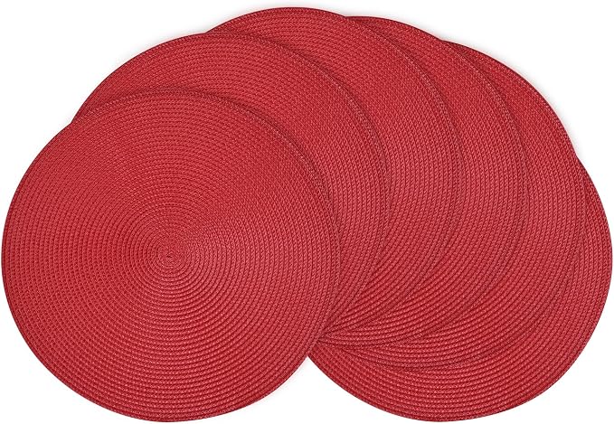 Feuille Round Braided Placemats Set of 6 Place Mats for Dining Table Woven Washable Non-Slip Table Mats 13.5 Inch (Red, 6pcs)