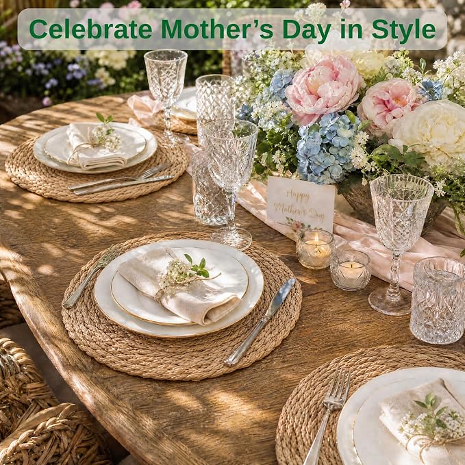 Round Woven Placemats Set of 6, 13.5'' Boho Rattan Chargers for Dinner Plates, Rustic Wicker Place Mats, Straw Braided Table Placemats, for Dining Table Decor, Wedding, Farmhouse and Home Décor