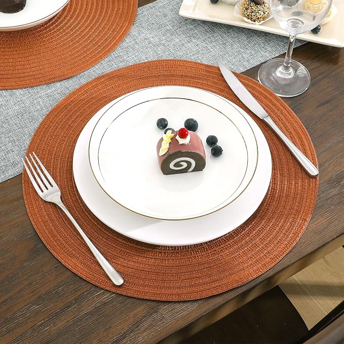 SHACOS Round Placemats Set of 6 Washable 15 inch Round Placemat Cotton Polyester Woven Braided Table Place Mats for Dining Table Decor, Dark Orange