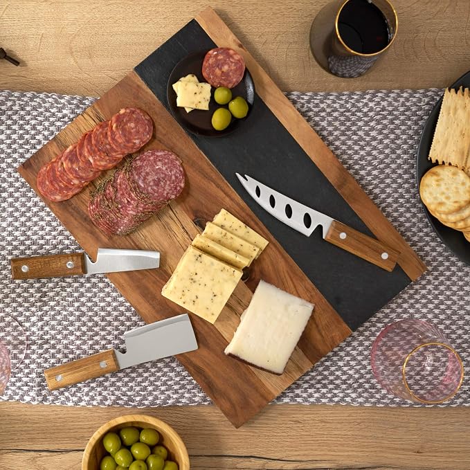 Twine Rustic Farmhouse Wood with Slate Cheese Board and Chalk Set, Acacia Wood and Natural Slate Cutting Board, Soapstone Chalk, 15" by 11", Gourmet Gift Set