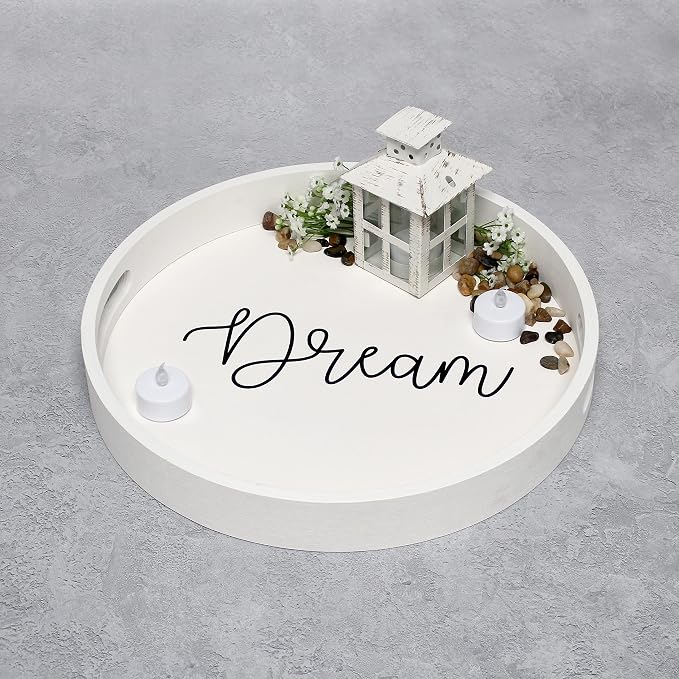 Elegant Designs HG2013-WDR Decorative 13.75'' Round Wood Serving Tray w/Handles, Dream, White Wash Dream