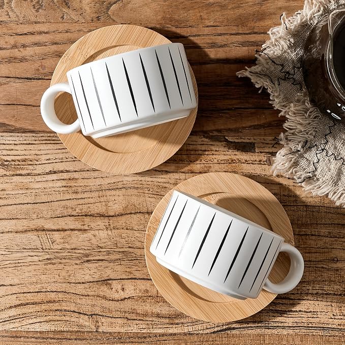LUKA 6 Ounce Porcelain Stackable Espresso Cups with Saucers and Metal Stand Set of 4, Ceramic Cappuccino Cups Set for Specialty Coffee Drinks, Latte, Cafe Mocha and Tea, Stripes, White
