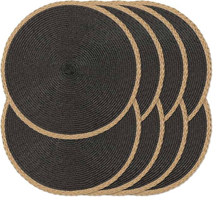Noctiflorous Braided Round Placemats Set of 8, 15 Inch Woven Table Mats, Non-Slip Washable Thin Edge Place Mats for Kitchen Dining Table Decor (Black, 8)