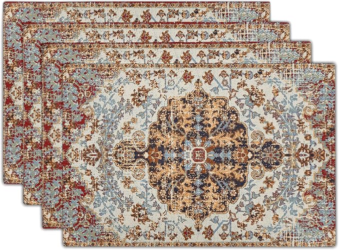 Ethnic Boho Placemats Set of 4 Southwest Brown Blue Carpet Woven Texture Linen Washable Kitchen Dining Table Mats Stain Heat-Resistant Desktop Decor Place Mats for Home Party Indoor 12x18 in